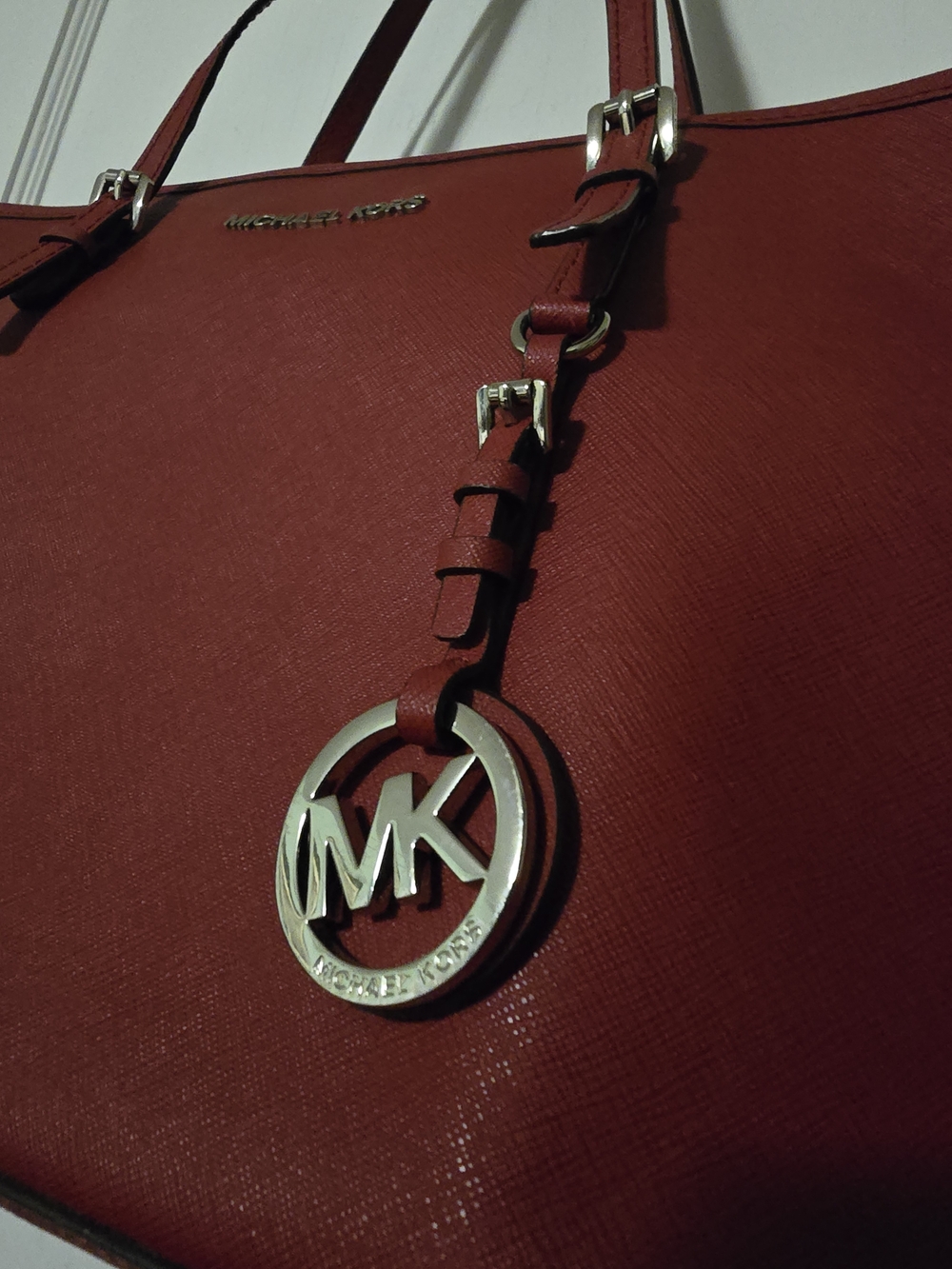 Michael Kors Red Saffiano Leather Tote Bag w/ MK Charm, Silver HW, Inner Pockets